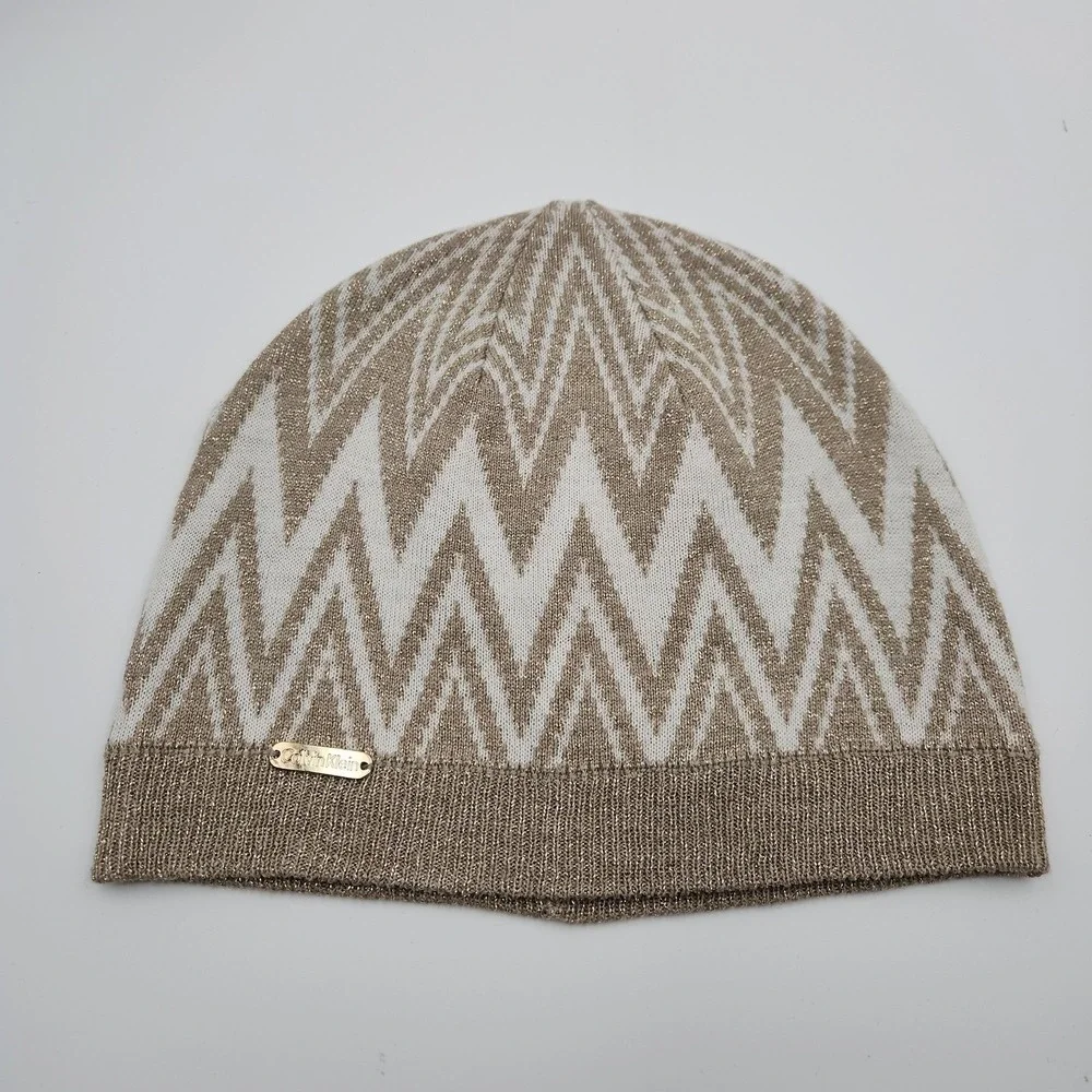 Calvin Klein Hat Cap Womens Medium Tan White Metallic Zigzag Knit Beanie Soft CK